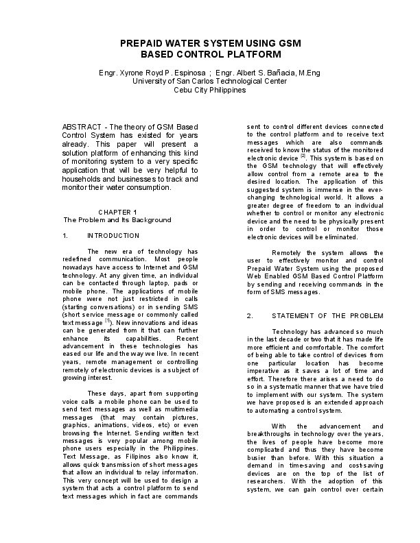 PREPAID WATER SYSTEM USING GSM BASED CONTROL PLATFORM