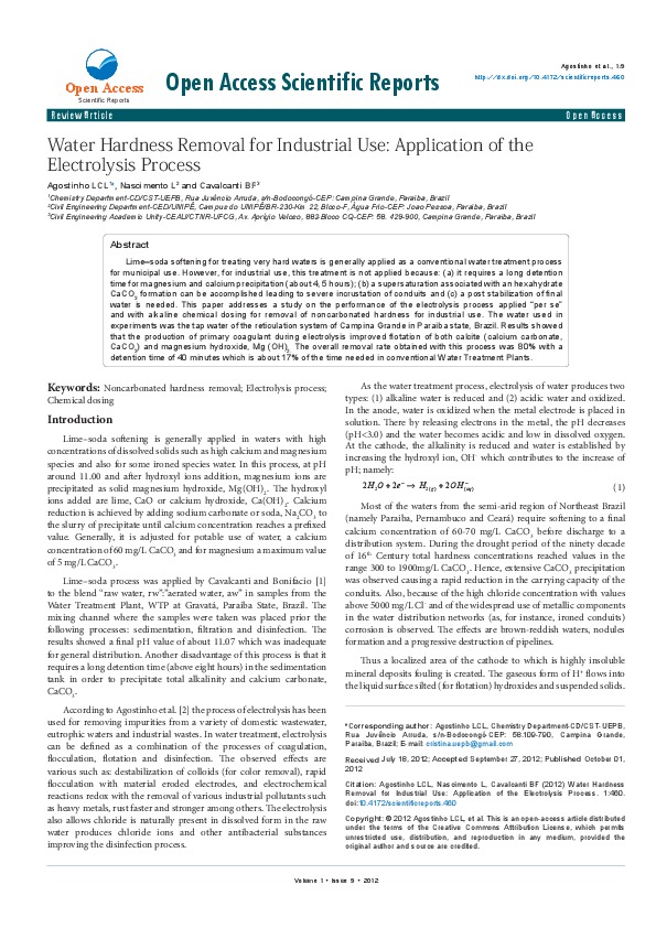 Water Hardness Removal for Industrial Use: Application of the Electrolysis Process