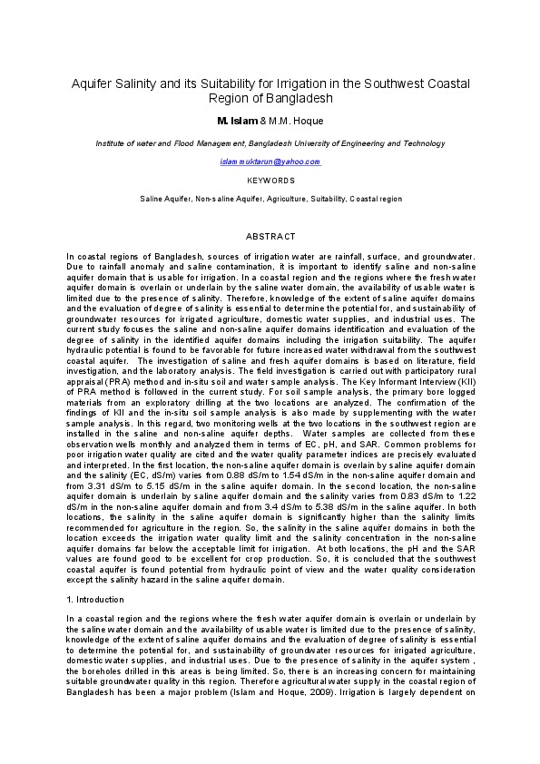 Aquifer Salinity and its Suitability for Irrigation in the Southwest Coastal Region of Bangladesh