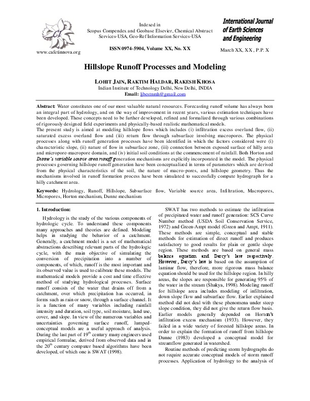 Hillslope Runoff Processes and Modeling