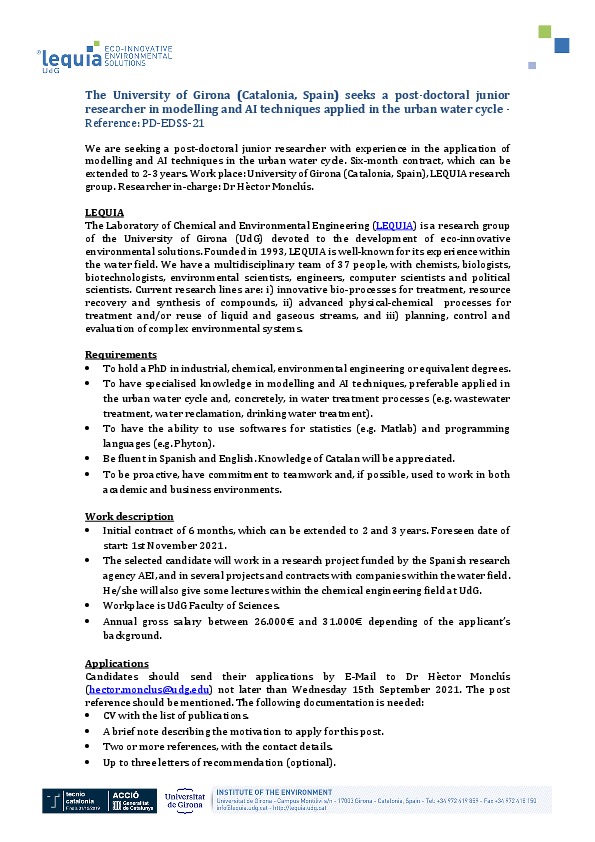 PostDoc position (2-3 years) in AI techniques in urban water cycle