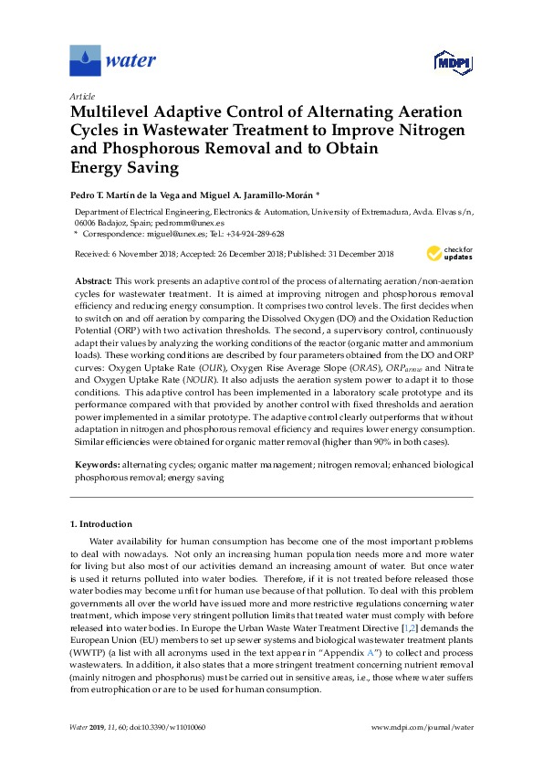 Multilevel Adaptive Control of Alternating Aeration Cycles in Wastewater Treatment