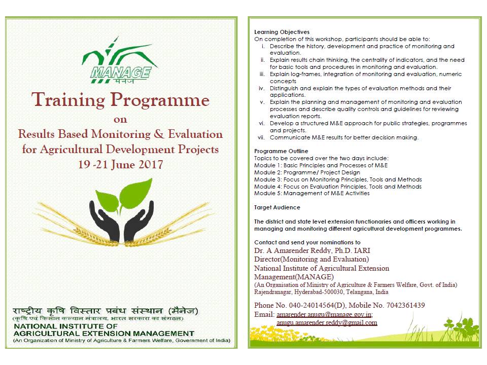 Training programme on Monitoring and Evaluation of Agricultural Development Projects from 19-21 June 2017 at National Institute of Agricultural ...