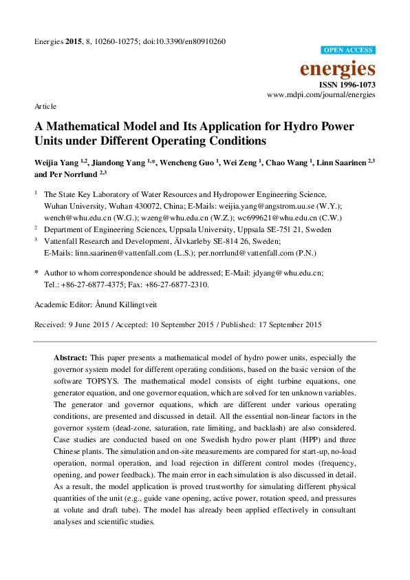 A Mathematical Model and Its Application for Hydro Power Units under Different Operating Conditions