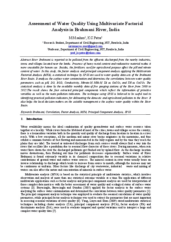 Assessment of Water Quality Using Multivariate Factorial Analysis in Brahmani River, India