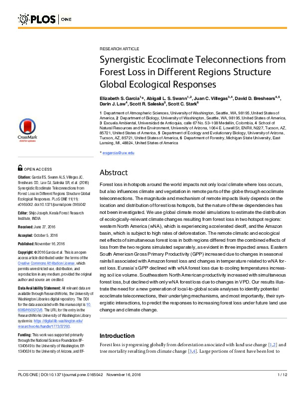 Synergistic Ecoclimate Teleconnections from Forest Loss in Different Regions