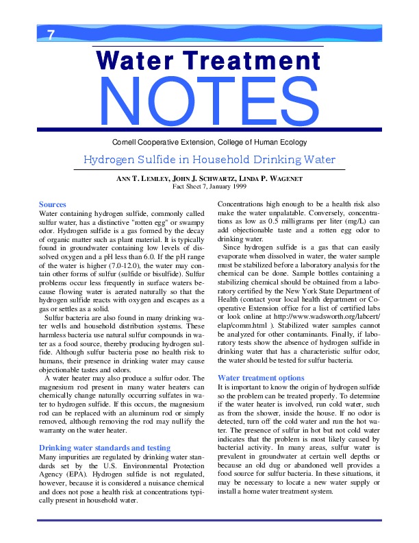Hydrogen Sulfide in Household Drinking Water