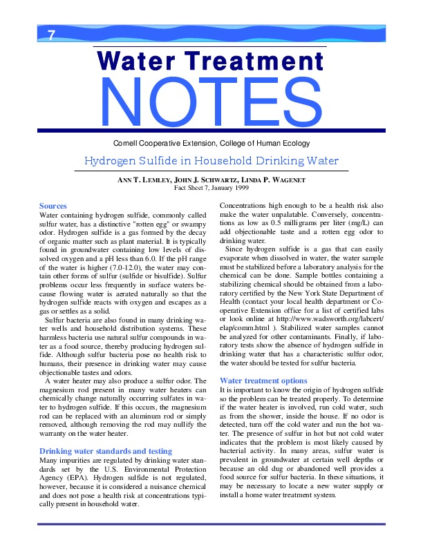 Hydrogen Sulfide in Household Drinking Water