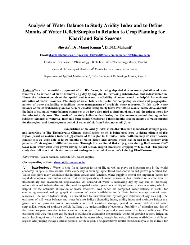 Analysis of Water Balance to Study Aridity Index and to Define Months of Water Deficit/Surplus in Relation to Crop Planning for Kharif and Rabi Seasons