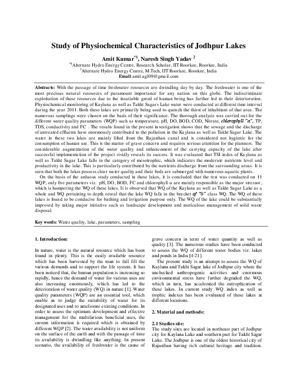 Study of Physiochemical Characteristics of Jodhpur Lakes