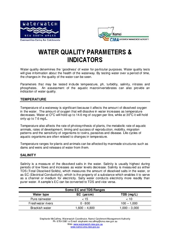 Water Quality Parameters & Indicators, Waterwatch
