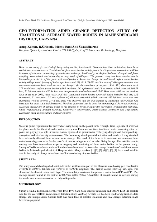 Geo-Informatics Aided Change Detection Study of Traditional Surface Water Bodies in Mahendergarh District, Haryana