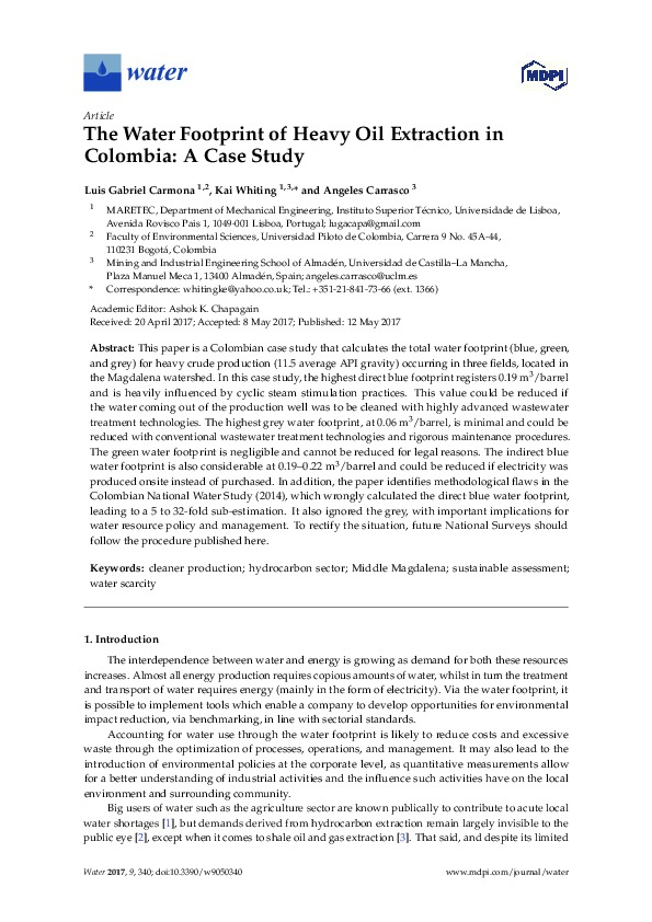 The Water Footprint of Heavy Oil Extraction in Colombia - A Case Study