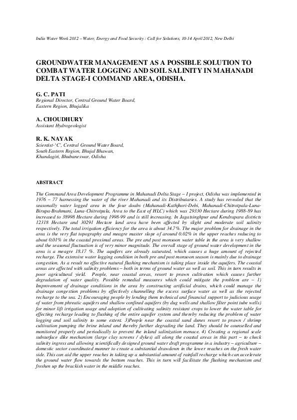 Groundwater Management as a Possible Solution to Combat Water Logging and Soil Salinity in Mahanadi Delta Stage-I Command Area, Odisha