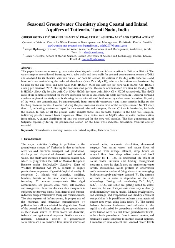 Seasonal Groundwater Chemistry along Coastal and Inland Aquifers of Tuticorin, Tamil Nadu, India