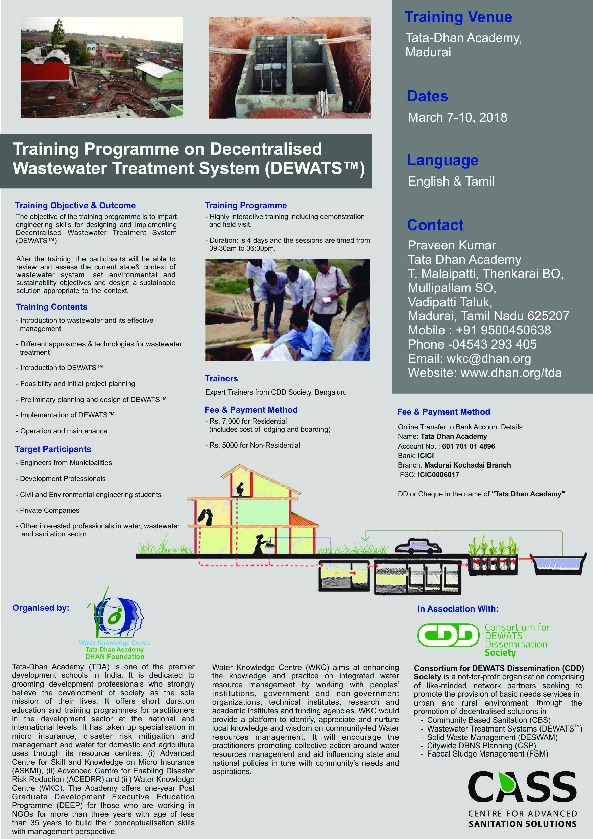 Training Programme on "Decentralized Waste Water Treatment Systems (De-WATS) "Greetings from Water Knowledge Centre, Tata-Dhan Academy!India is ...