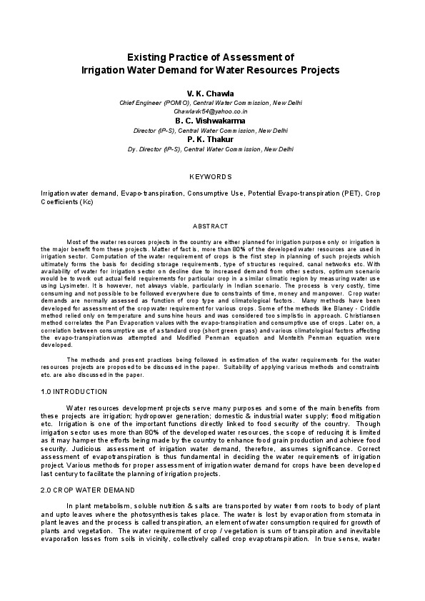 Existing Practice of Assessment of Irrigation Water Demand for Water Resources Projects