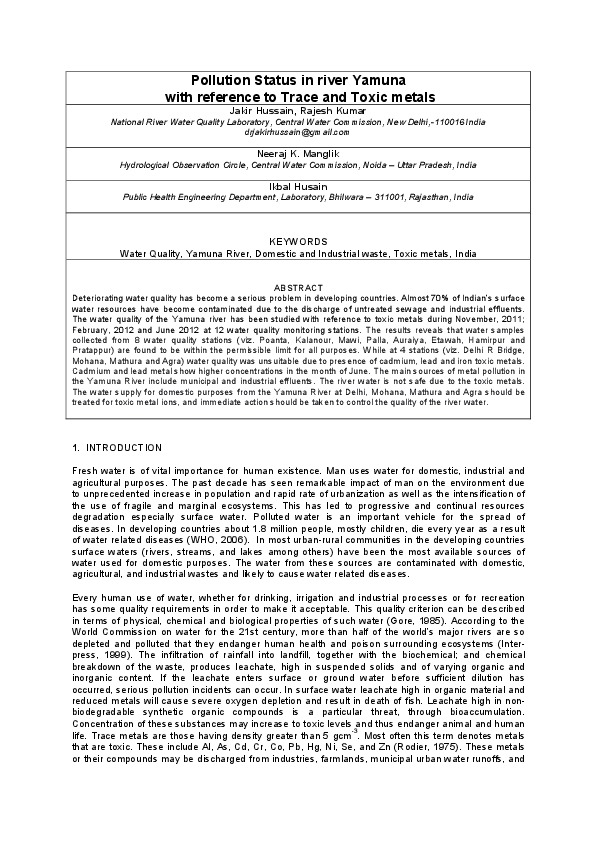 Pollution Status in river Yamuna with reference to Trace and Toxic metals