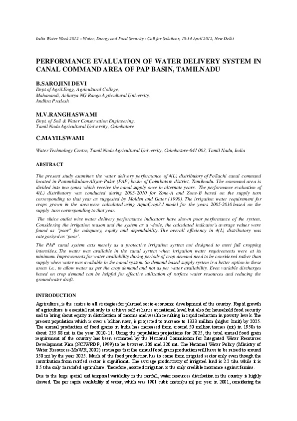 Performance Evaluation of Water Delivery System in Canal Command Area of Pap Basin, Tamilnadu