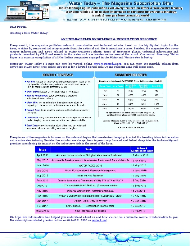 WATER TODAY - THE MAGAZINE: AN UNPARALLELED KNOWLEDGE &amp; INFORMATION RESOURCE ON WATER &amp; WASTE WATER MANAGEMENT