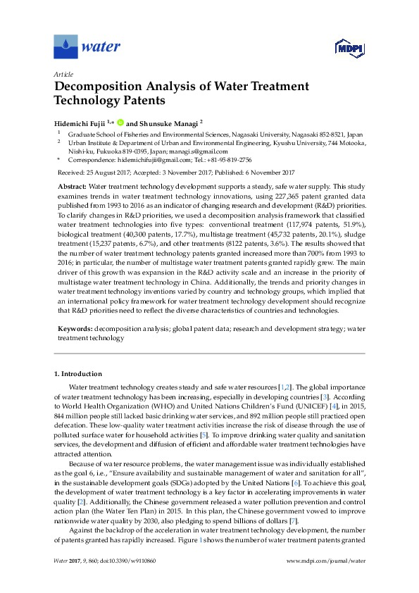 Decomposition Analysis of Water Treatment Technology Patents