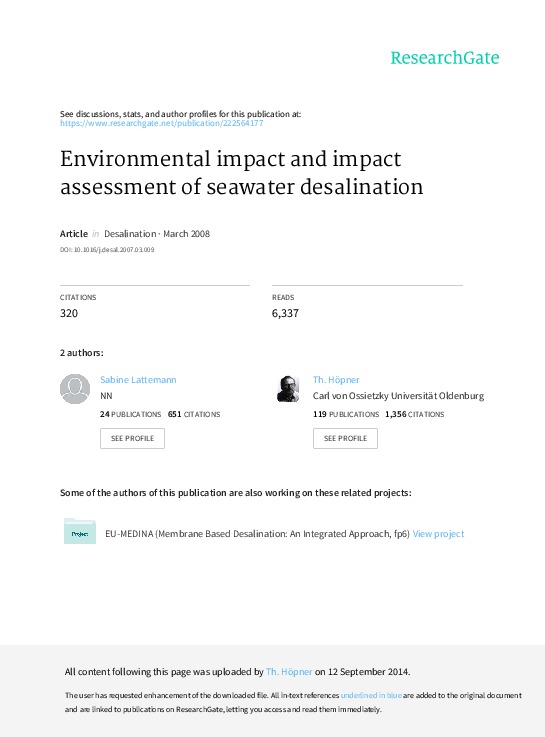 Environmental Impact and Impact Assessment of Seawater Desalination
