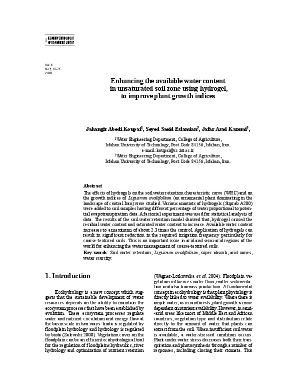 Enhancing the available water content in unsaturated soil zone using hydrogel,improve plant growth