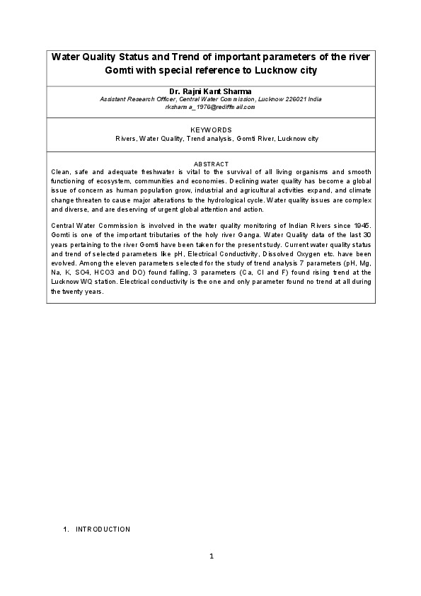 Water Quality Status and Trend of important parameters of the river Gomti with special reference to Lucknow city