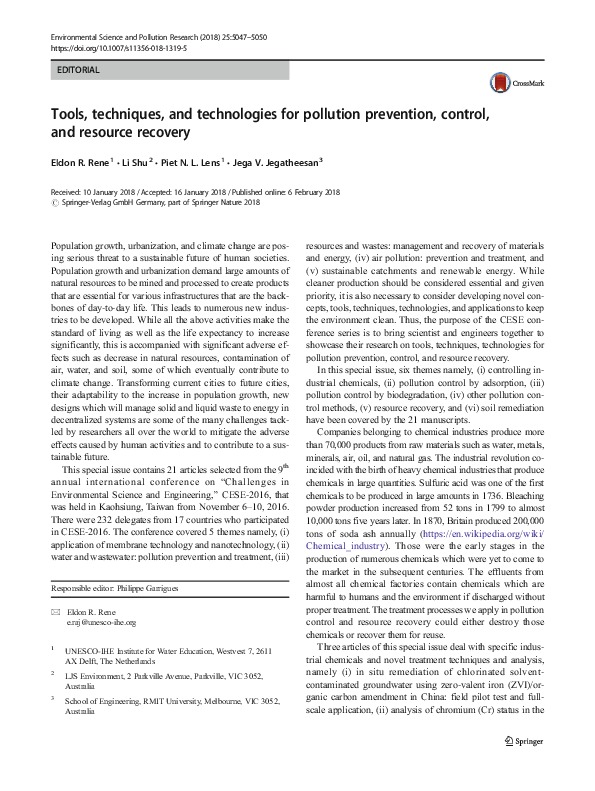 Tools, Techniques, and Technologies for Pollution Prevention, Control, and Resource Recovery