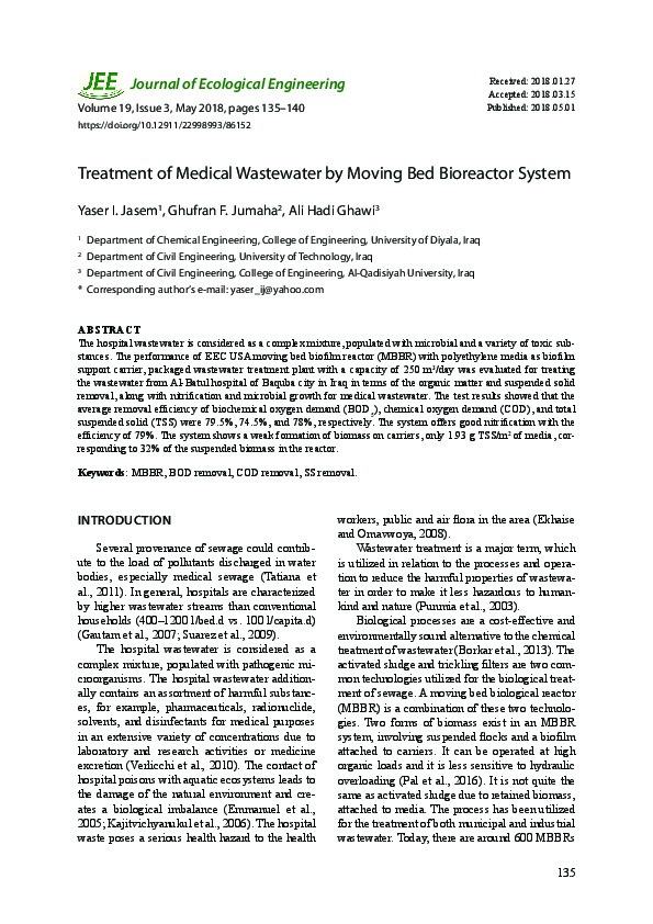 Treatment of Medical Wastewater by Moving Bed Bioreactor System