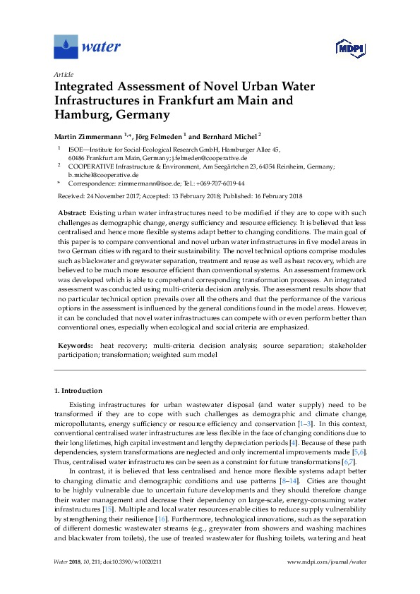 Integrated Assessment of Novel Urban Water Infrastructures in Frankfurt am Main and Hamburg, Germany