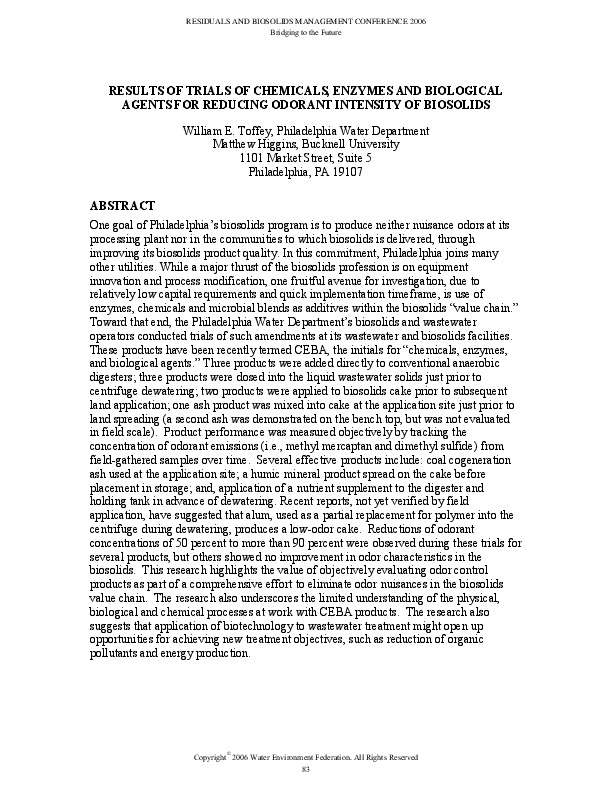 RESULTS OF TRIALS OF CHEMICALS, ENZYMES AND BIOLOGICAL AGENTS FOR REDUCING ODORANT INTENSITY OF BIOSOLIDS