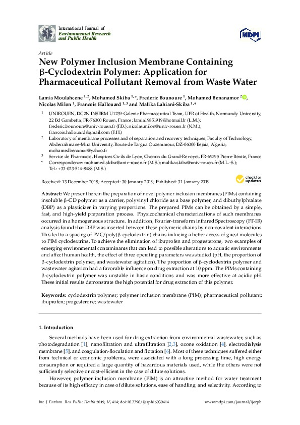 New Polymer Inclusion Membrane Containing β-Cyclodextrin Polymer