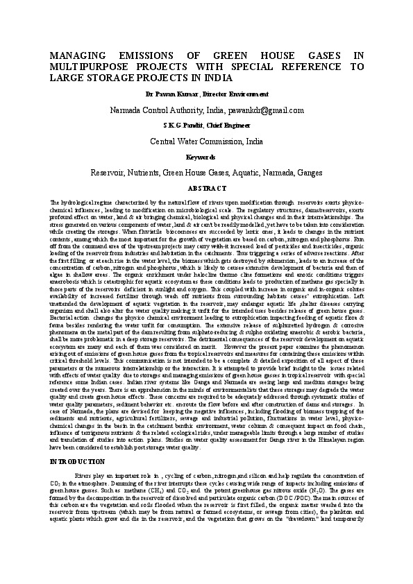 MANAGING EMISSIONS OF GREEN HOUSE GASES IN MULTIPURPOSE PROJECTS WITH SPECIAL REFERENCE TO LARGE STORAGE PROJECTS IN INDIA