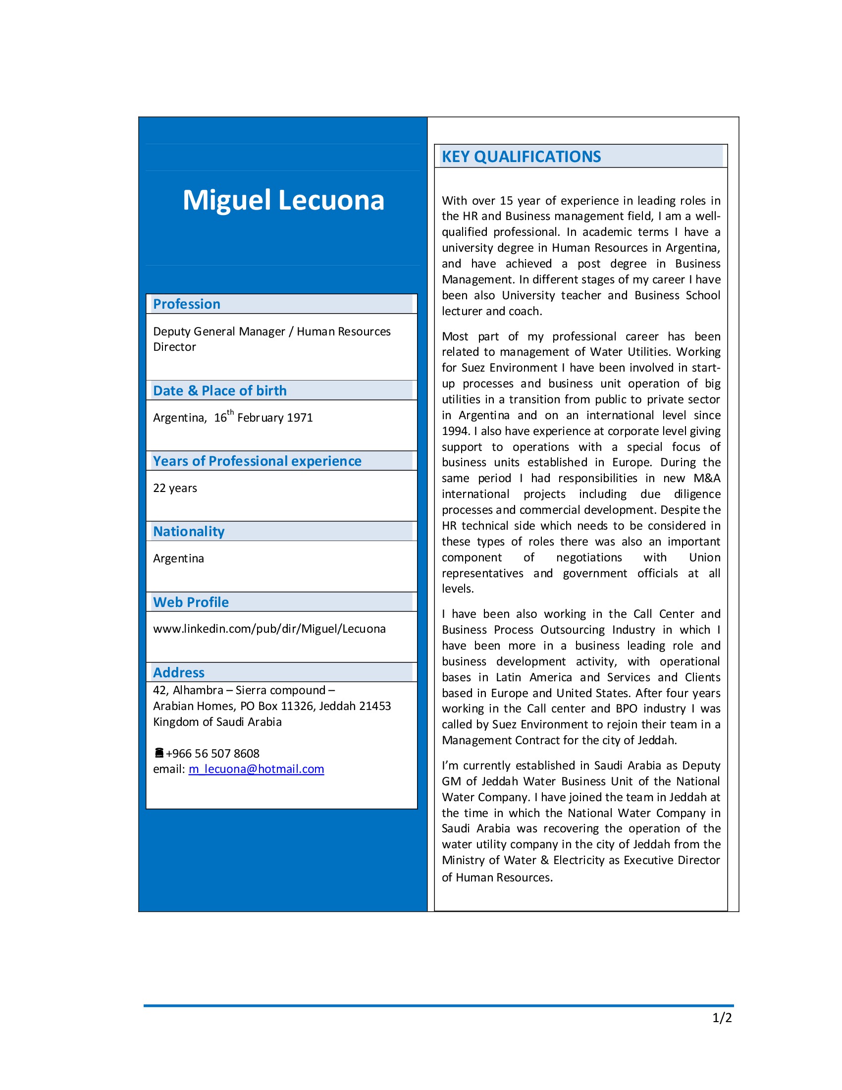 Miguel Lecuona, Jeddah Water Services - Deputy General Manager