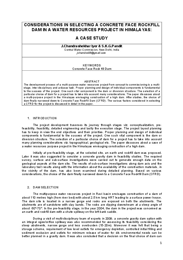 CONSIDERATIONS IN SELECTING A CONCRETE FACE ROCKFILL DAM IN A WATER RESOURCES PROJECT IN HIMALAYAS: A CASE STUDY