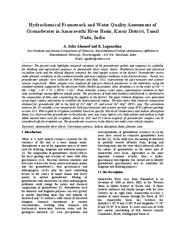 Hydrochemical Framework and Water Quality Assessment of Groundwater in Amaravathi River Basin, Karur District, Tamil Nadu, India