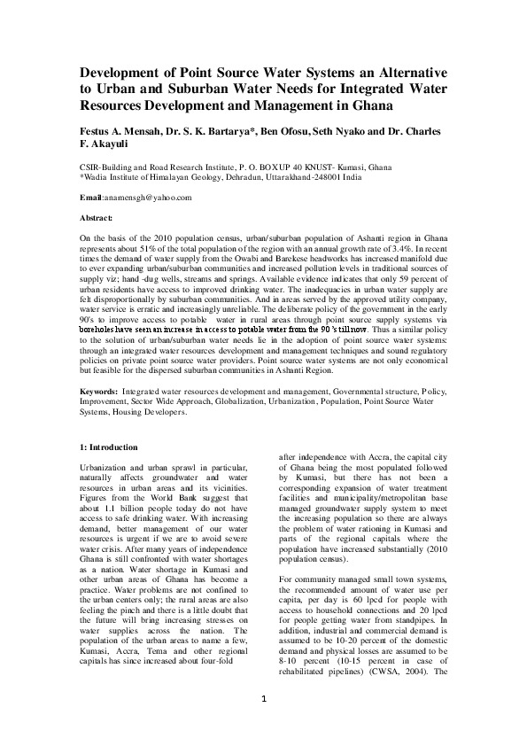 Development of Point Source Water Systems an Alternative to Urban and Suburban Water Needs for Integrated Water Resources Development and Management in Ghana