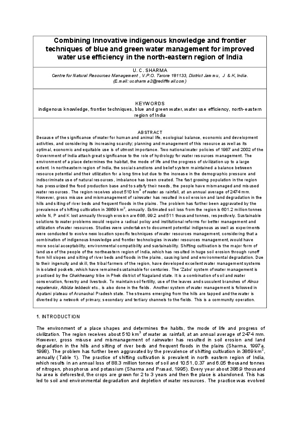 Combining Innovative indigenous knowledge and frontier techniques of blue and green water management for improved water use efficiency in the north-eastern region of India