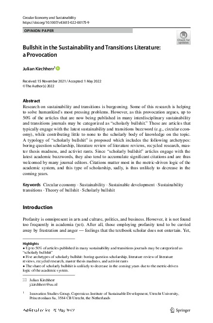 Bullshit in the Sustainability and Transitions Literature:a ProvocationJulian Kirchherr1AbstractResearch on sustainability and transitions is bu...