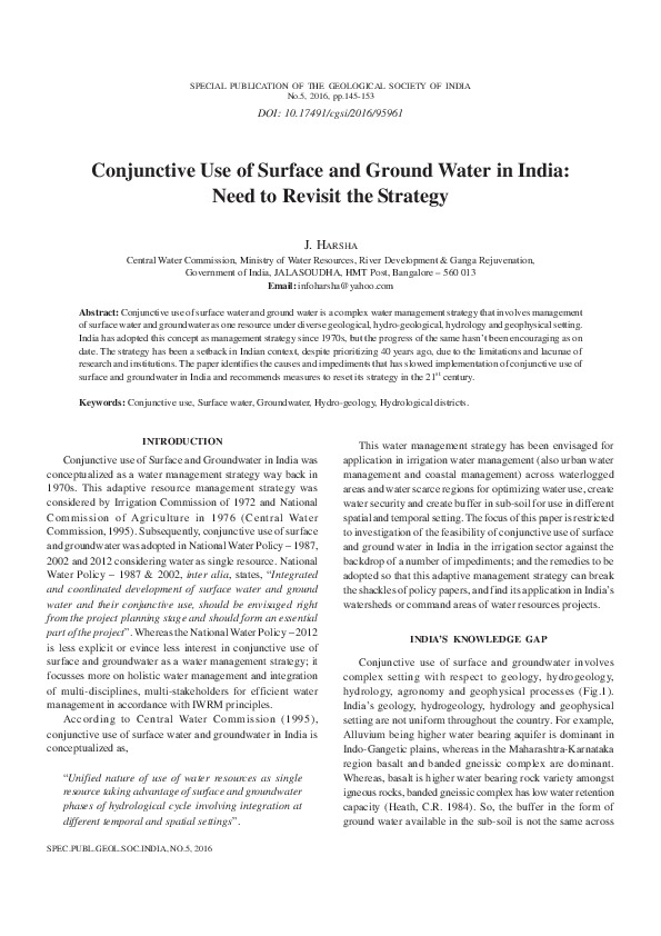 The truth of conjunctive use of surface and groundwater in India. Please read my latest paper titled, "Conjunctive use of surface and groundwate...