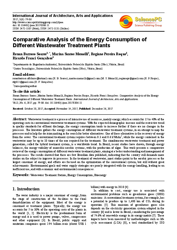 Comparative Analysis of the Energy Consumption of Different Wastewater Treatment Plants