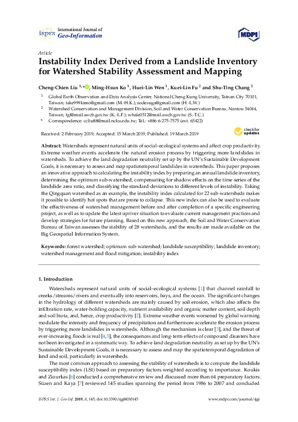 Instability Index Derived from a Landslide Inventory for Watershed Stability Assessment and Mapping