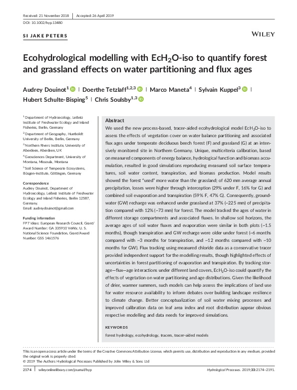 Ecohydrological Modeling to Quantify Forest and Grassland Effects on Water Partioning and Flux ages
