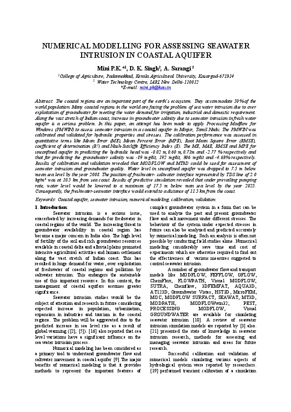 NUMERICAL MODELLING FOR ASSESSING SEAWATER INTRUSION IN COASTAL AQUIFER