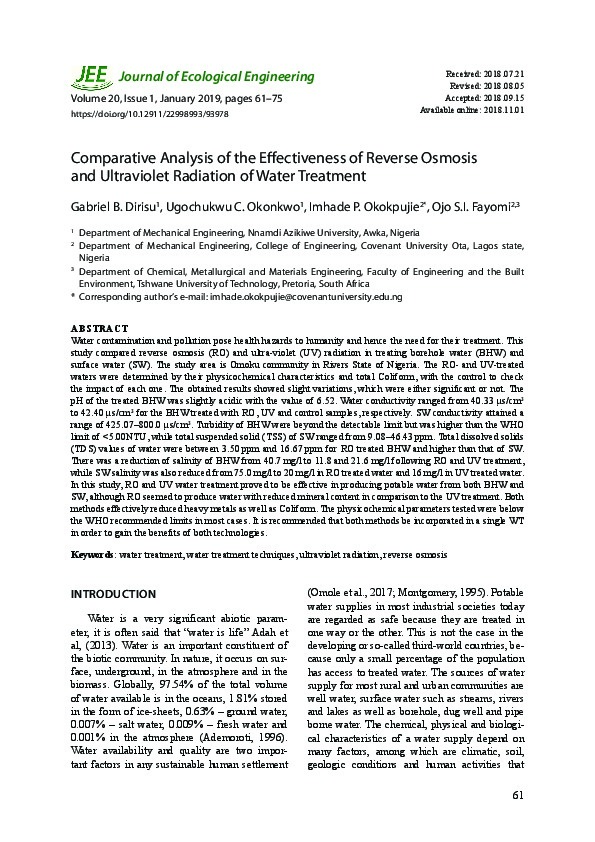 Comparative Analysis of the Effectiveness of Reverse Osmosis and UV Radiation of Water Treatment