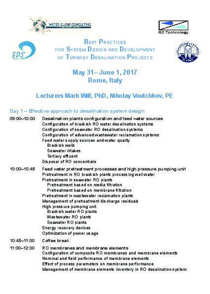 Desalination Course in Rome, Italy - May 31-June 1, 2017