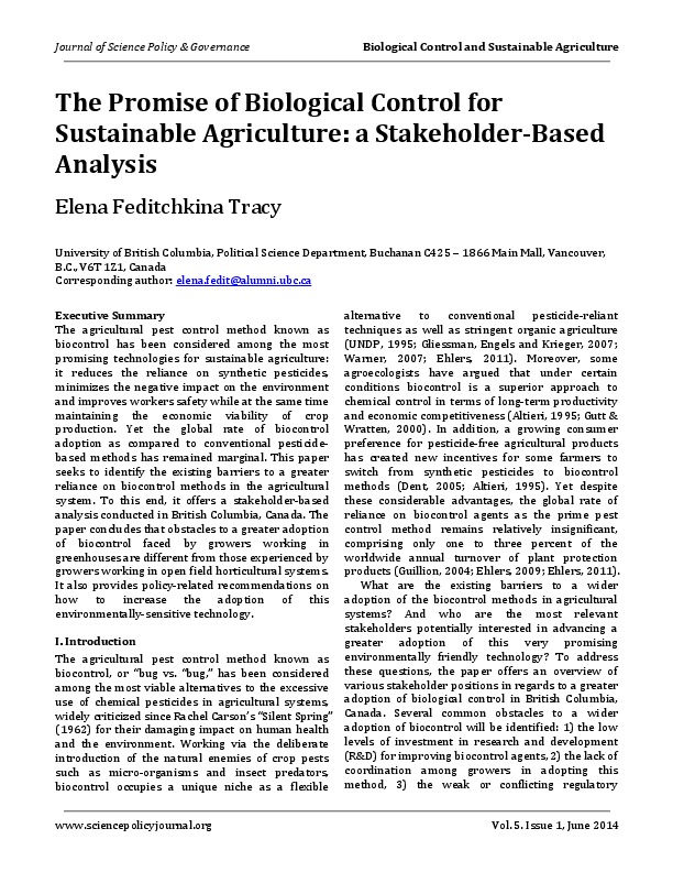 Sustainable Agriculture Biological Control 2014 