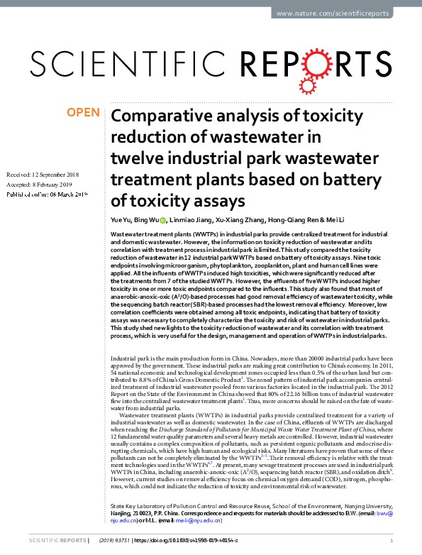 Comparative Analysis of Wastewater Toxicity Reduction in 12 Industrial Park Treatment Plants