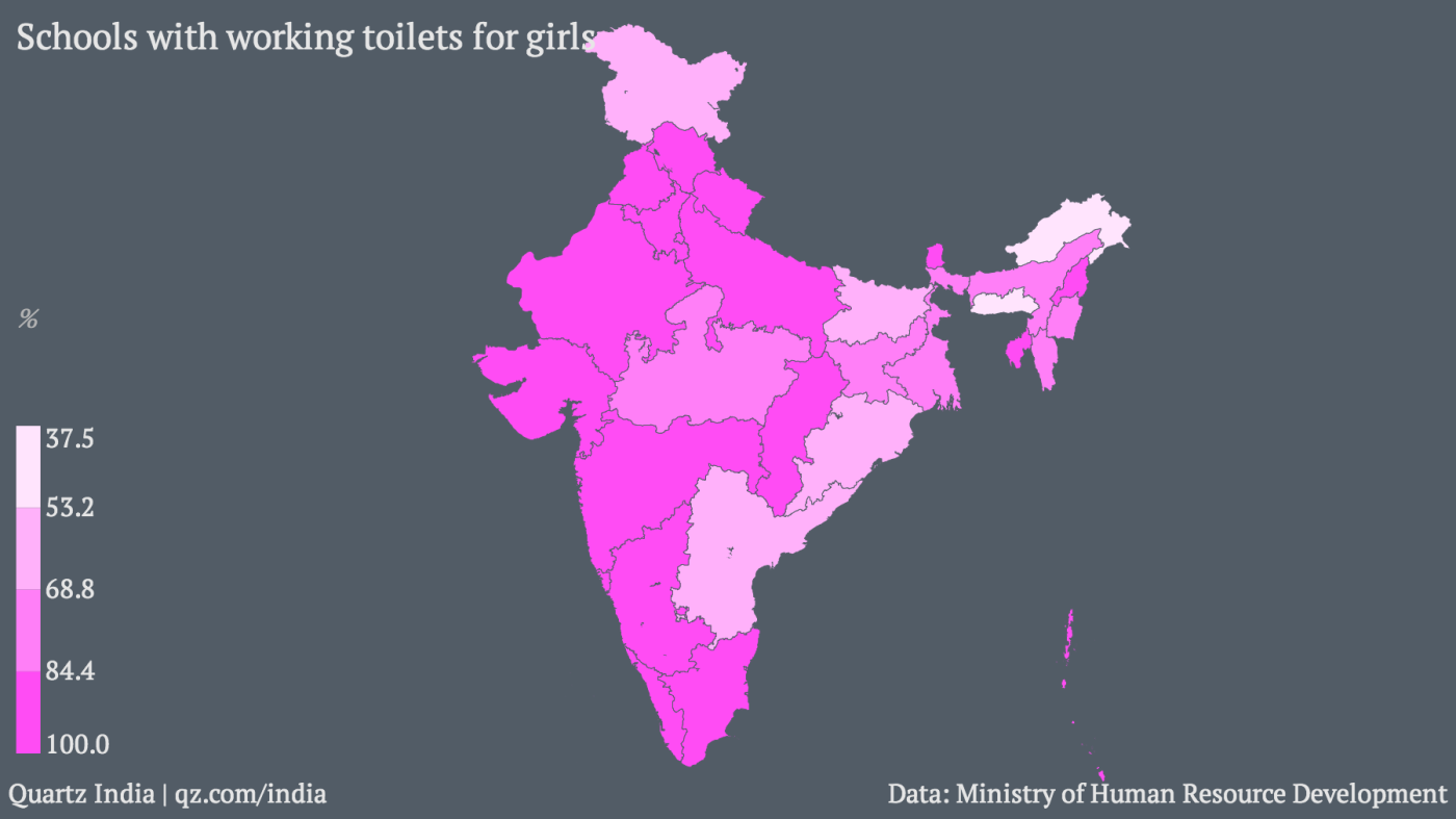This map shows which of India&rsquo;s states provide toilets for girls in schools - India&rsquo;s ministry of human resource development has data on the...